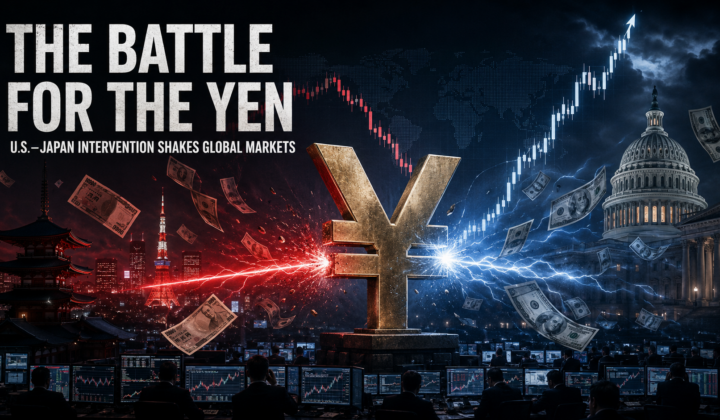 Global currency markets represented by euro, dollar, yen, pound and Swiss-franc symbols against an illuminated financial world map.