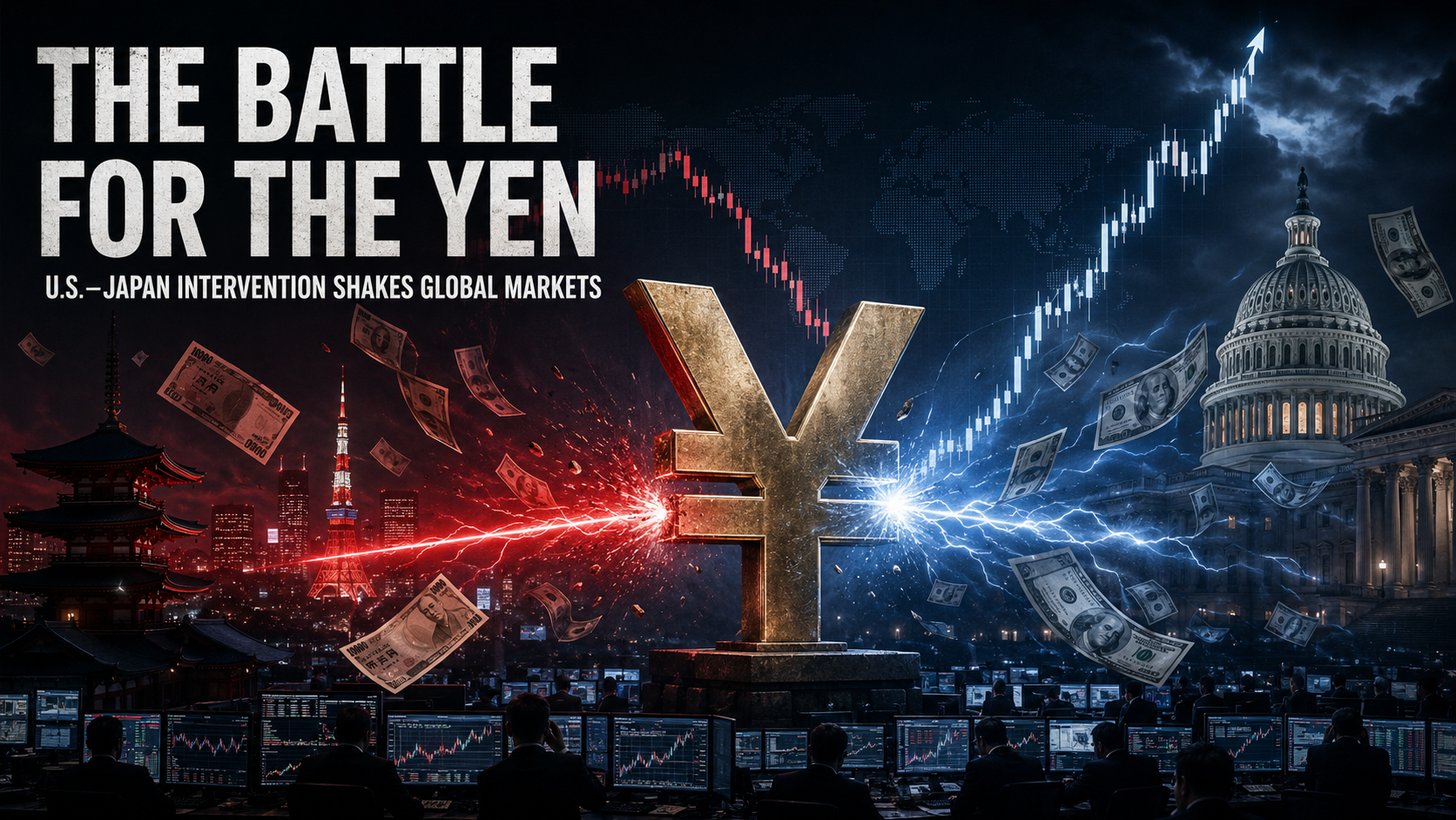 Global currency markets represented by euro, dollar, yen, pound and Swiss-franc symbols against an illuminated financial world map.