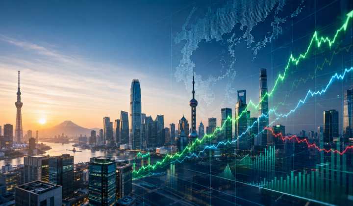 Asian financial centres at sunrise with rising stock-market charts representing gains across regional equities.