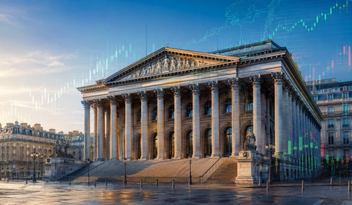 Palais Brongniart, the historic Paris Stock Exchange, with European financial-market charts at the start of the trading day.