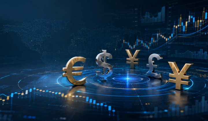 Euro, dollar, yen, pound and yuan symbols displayed on a global foreign-exchange trading interface.