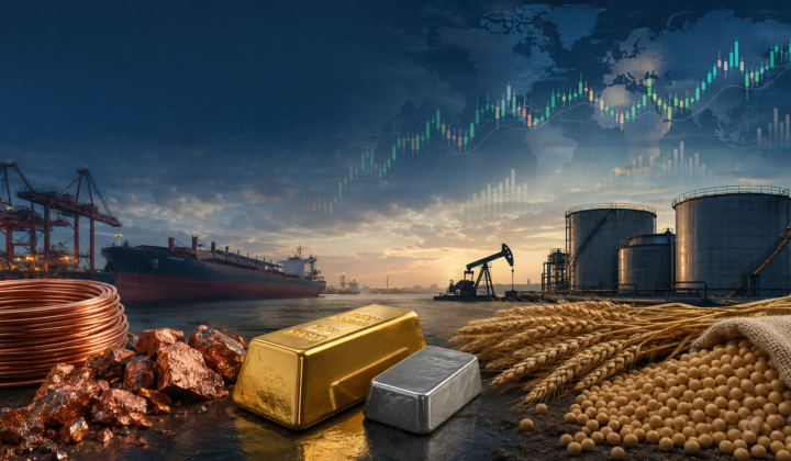 Global commodity markets represented by oil infrastructure, gold, silver, copper, wheat, soybeans and an industrial cargo port.