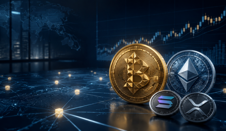Bitcoin, Ether, Solana and XRP represented in a global institutional blockchain trading environment.