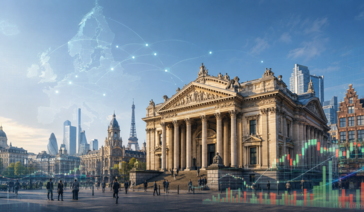 European stock markets at midday, with the Brussels Stock Exchange and financial charts