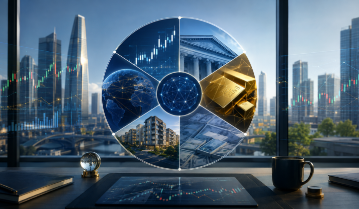 Diversified investment portfolio combining global equities, bonds, property, cash and gold