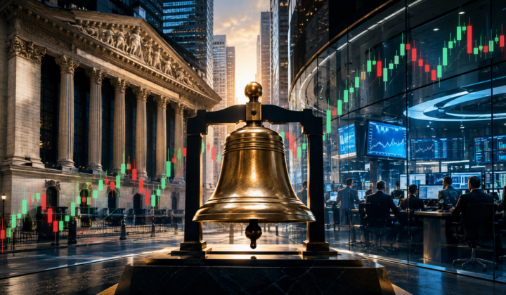 Bell on Wall Street surrounded by US stock-market charts and a modern trading floor
