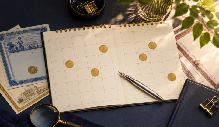 An August calendar marked with dividend dates for European and U.S. stocks.
