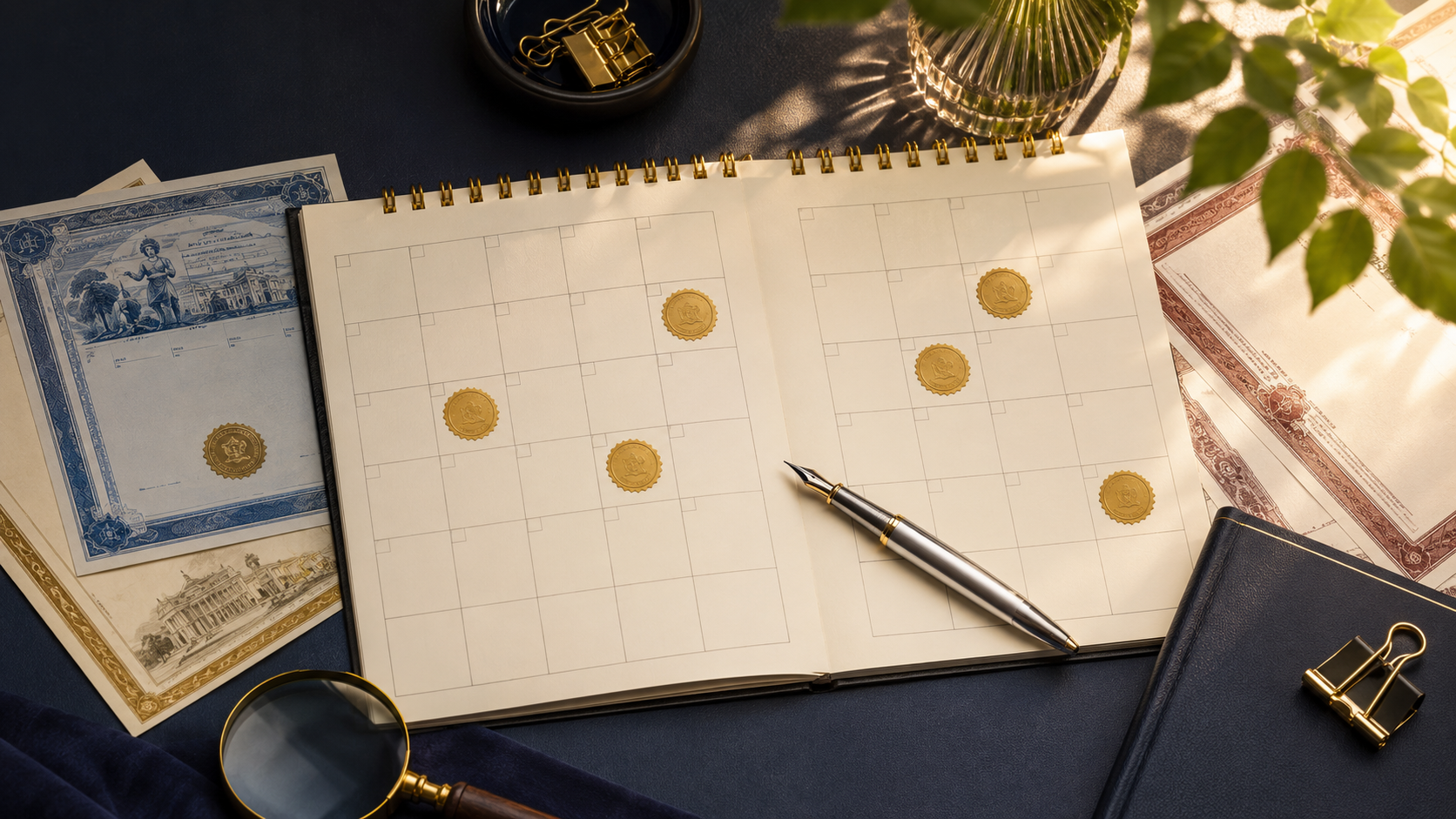 An August calendar marked with dividend dates for European and U.S. stocks.