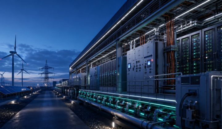 AI data centre powered by advanced electrical distribution, renewable energy and liquid-cooling infrastructure