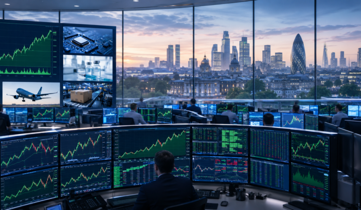 European trading floor displaying mostly rising stock-market charts as technology and corporate earnings lift markets at the opening.