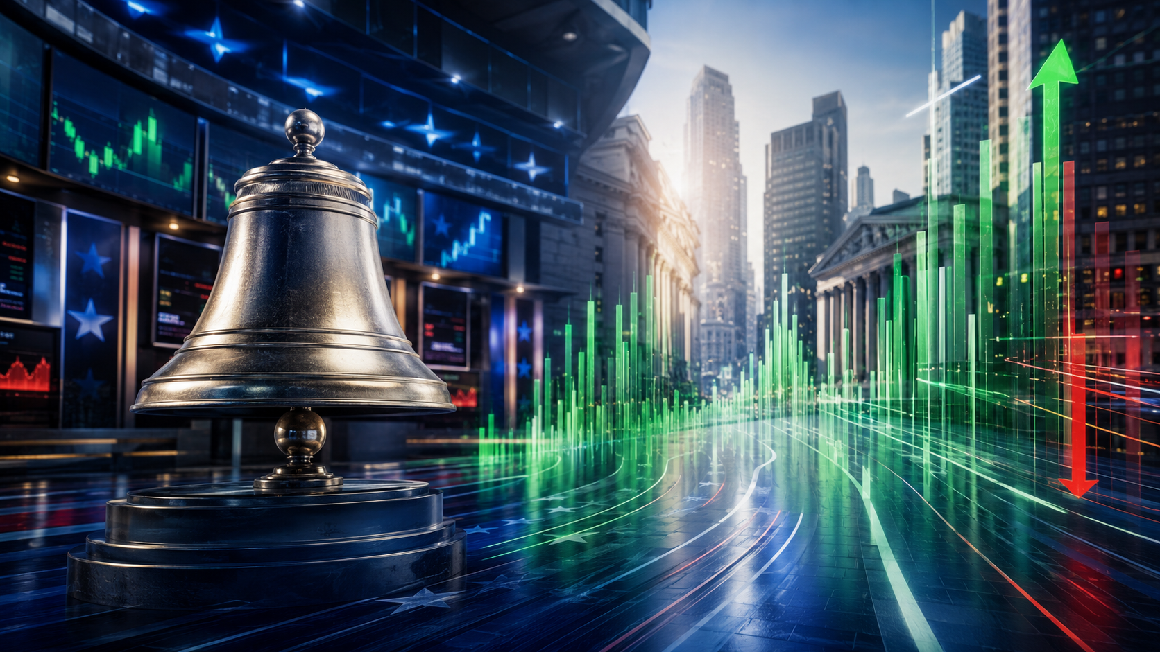 Wall Street opening bell surrounded by rising green market columns and a smaller number of red declines in New York’s financial district.