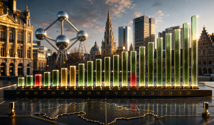 Belgian stock-market performance represented by twenty illuminated market columns rising above a map of Belgium and the Brussels skyline.