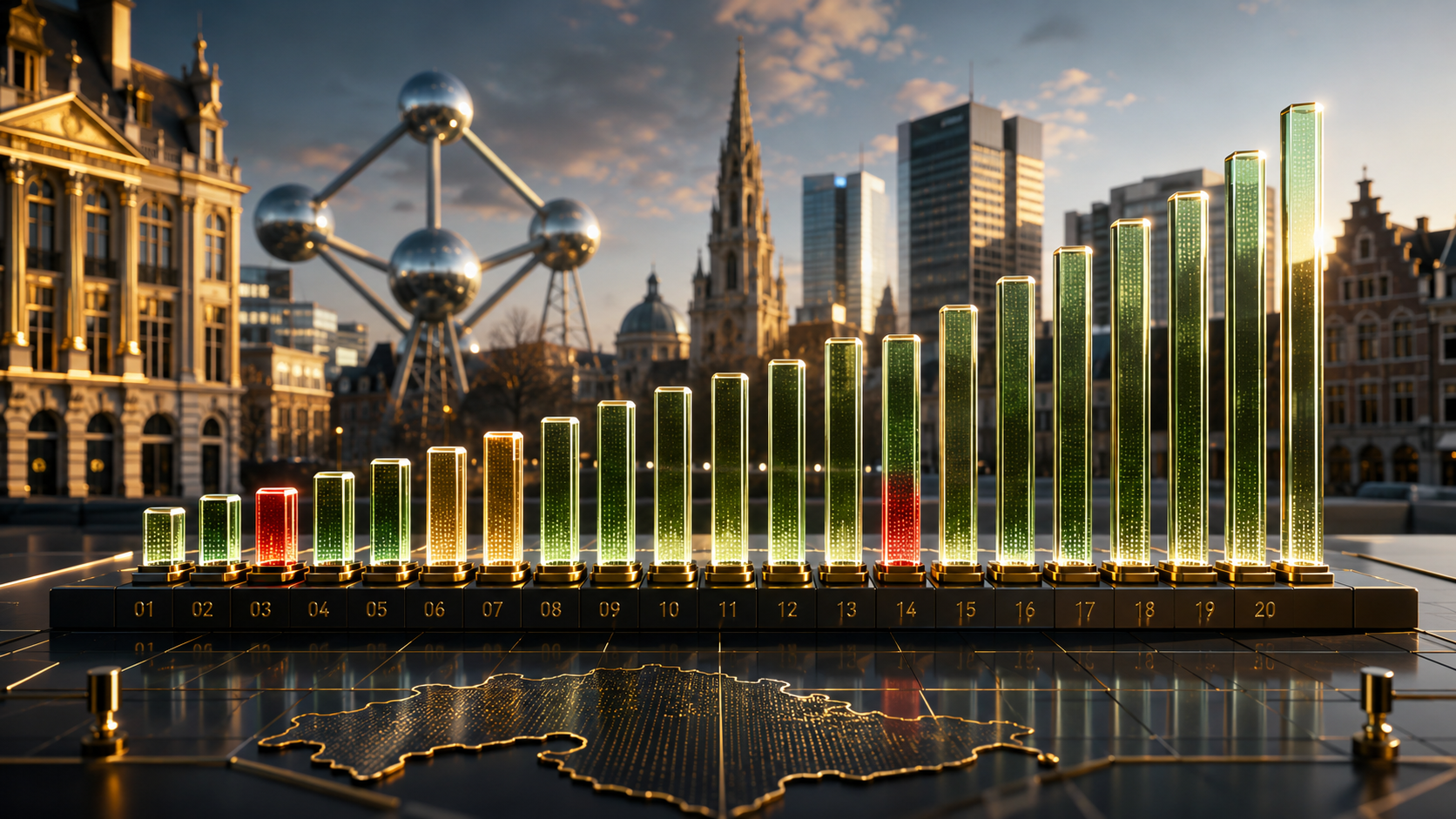 Belgian stock-market performance represented by twenty illuminated market columns rising above a map of Belgium and the Brussels skyline.