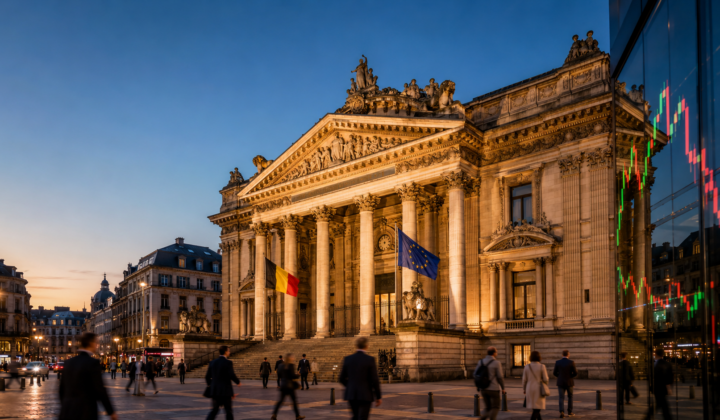 The historic Brussels Stock Exchange building illuminated at dusk, with Belgian and European flags and financial charts reflected in glass.