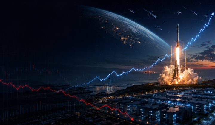 Unbranded rocket launching beside an AI data centre, satellites orbiting Earth and contrasting revenue and cash-flow charts.