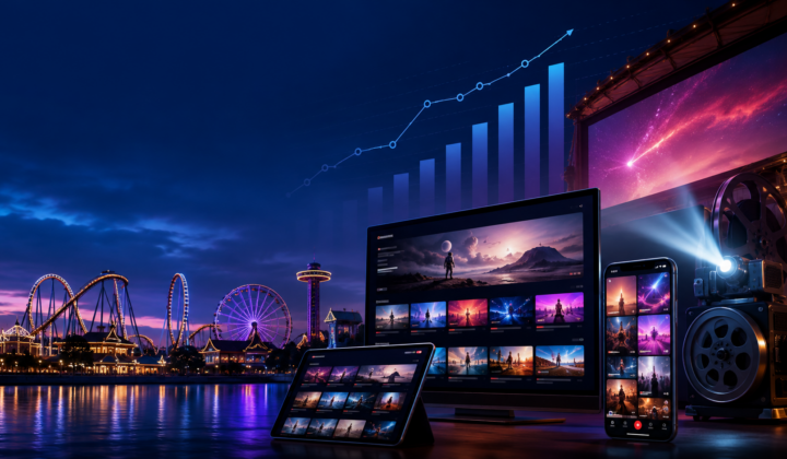 Generic theme park, cinema projector, streaming screens and vertical video platform beneath rising financial charts.