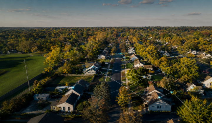 Aerial view of tokenized residential properties connected through a digital ownership network