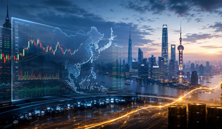 Asian financial markets at dawn with mixed stock charts, an East Asia map and rising oil prices.