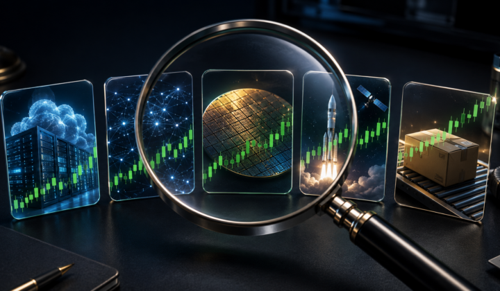 Magnifying glass examining five stock-market opportunities across cloud computing, networking, semiconductors, space and e-commerce.